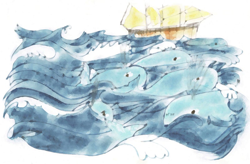 Wale im Meer, Aquarellbild